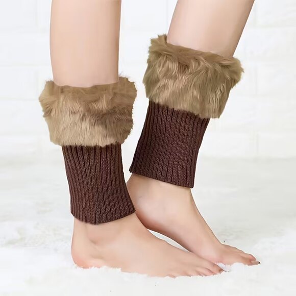 NEW Faux Fur Brown Boot Toppers Ribbed Knit - Picture 1 of 4